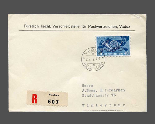 75 Rp. UPU 1949 auf R-Brief mit Ersttags